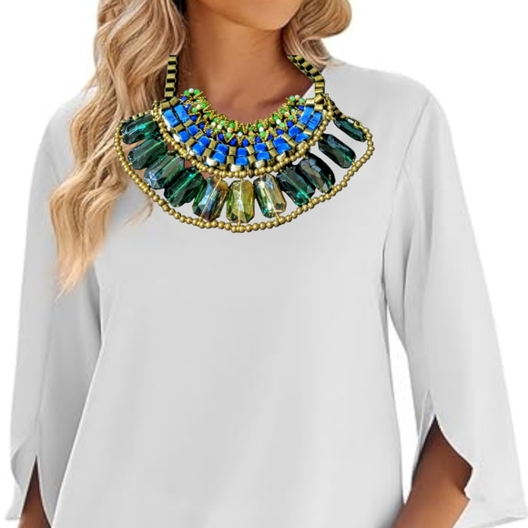 Pam Hiran Chunky Statement Necklace Various Blue Glass Beads Brass Ribbon NWOT - Picture 9 of 10